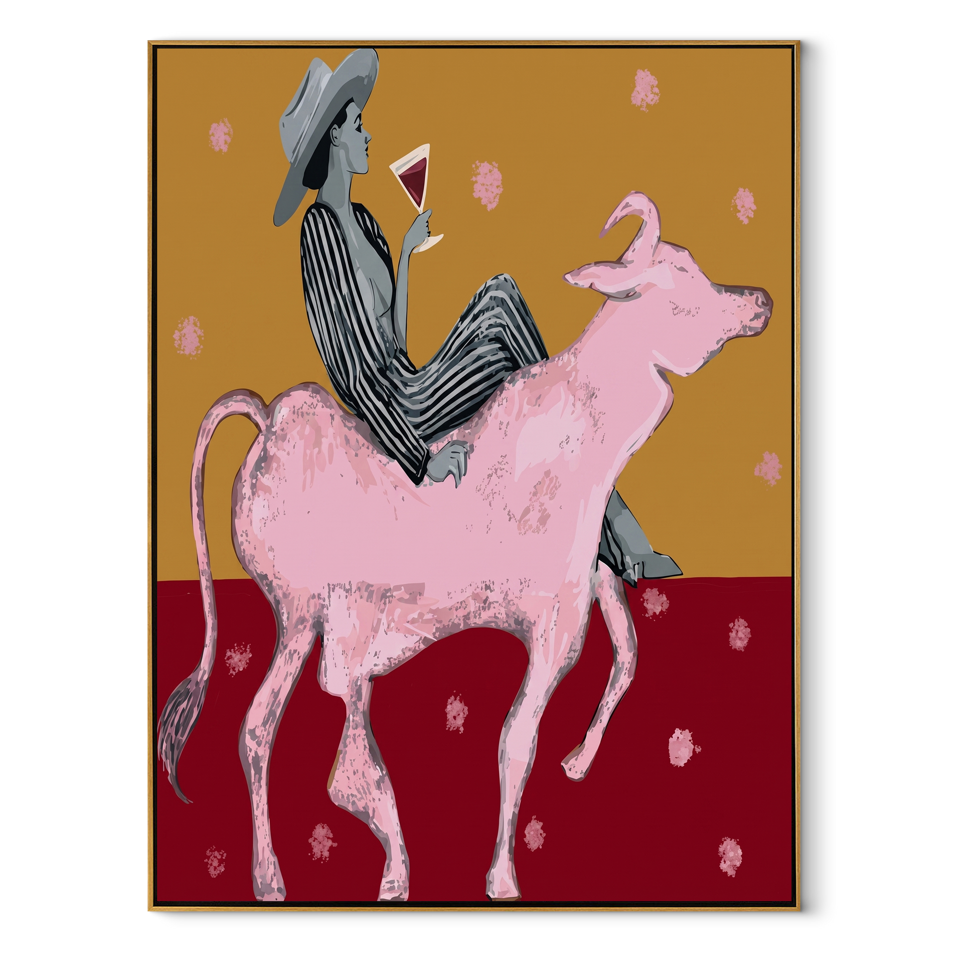 Pink Bull Carries Stripes - striped cowboy bull painting by Ethan Mercer, contemporary Western vertical wall art – wood frame on white background