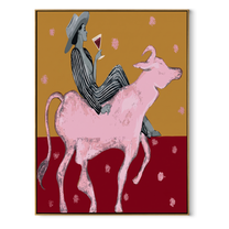 Pink Bull Carries Stripes - striped cowboy bull painting by Ethan Mercer, contemporary Western vertical wall art – wood frame on white background