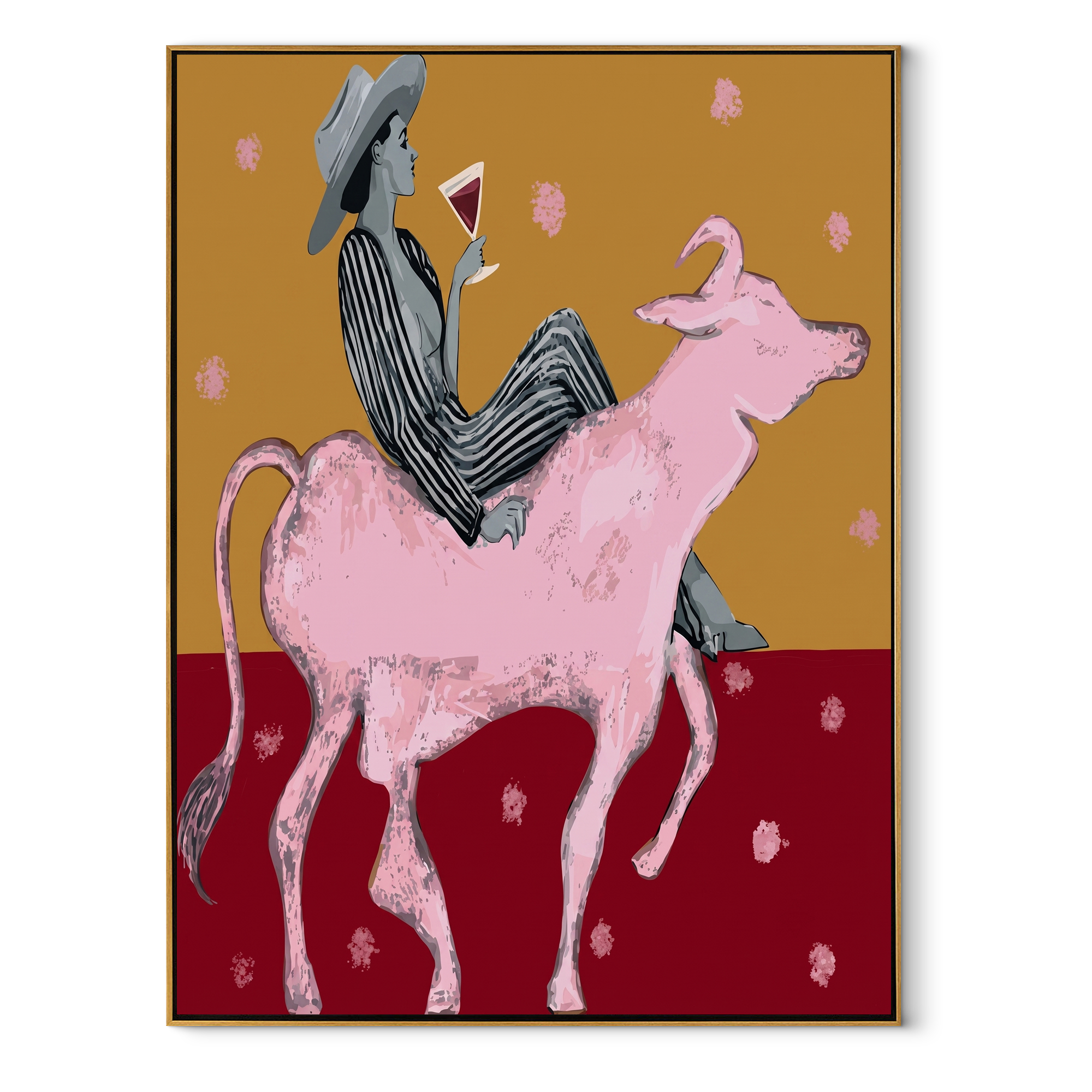 Pink Bull Carries Stripes - striped cowboy bull painting by Ethan Mercer, contemporary Western vertical wall art – wood frame on white background