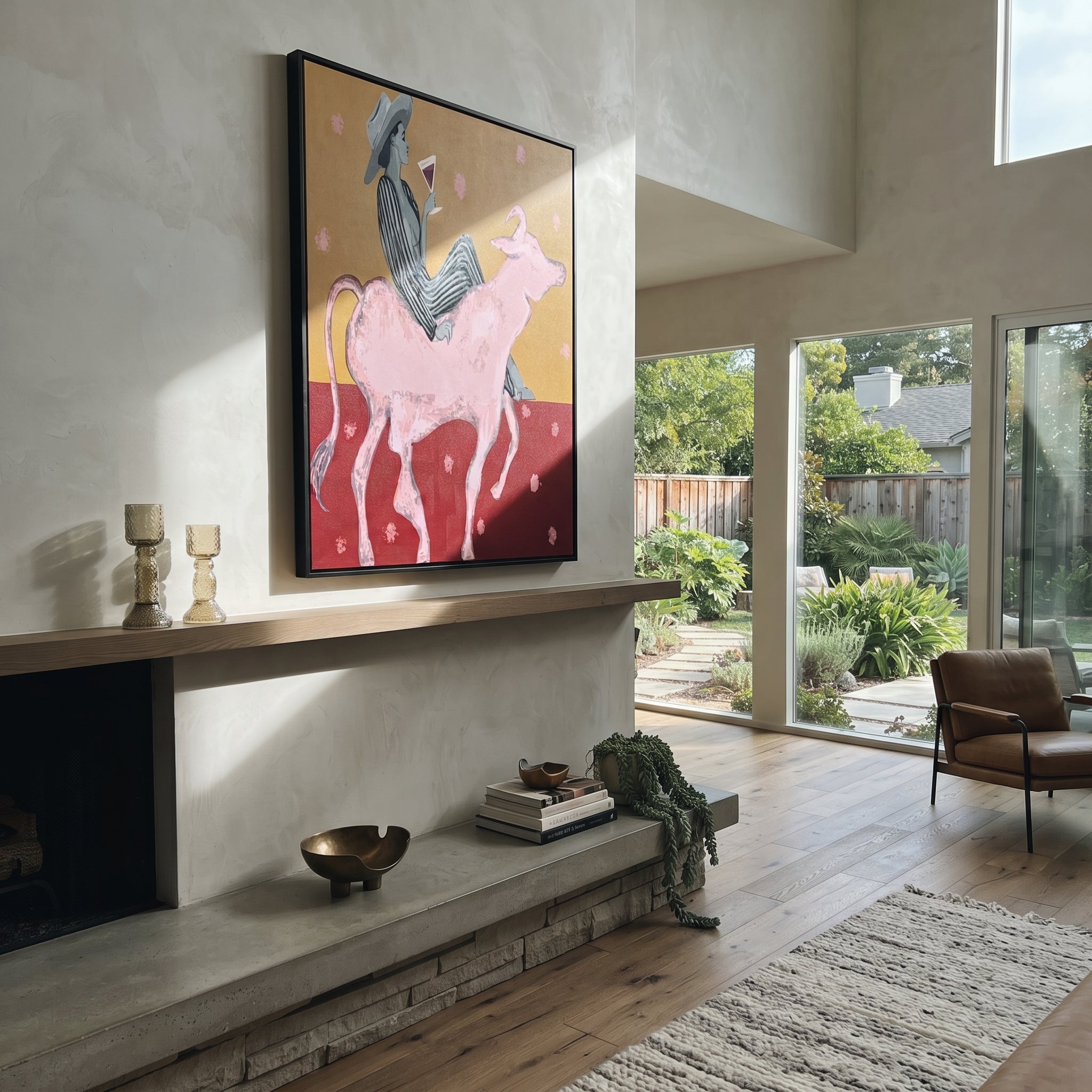 Pink Bull Carries Stripes - striped cowboy bull painting by Ethan Mercer, contemporary Western vertical wall art – styled room scene view 2