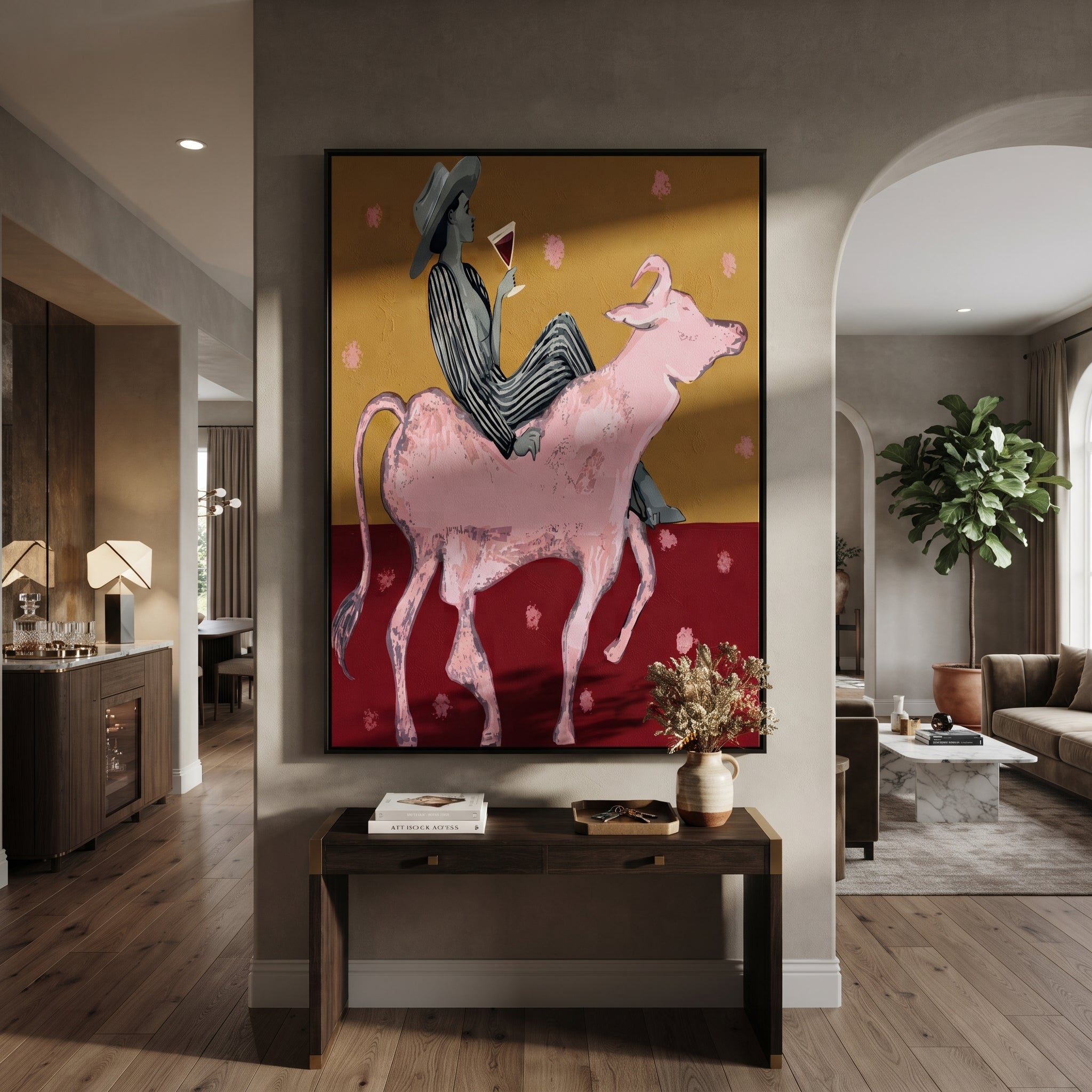 Pink Bull Carries Stripes - striped cowboy bull painting by Ethan Mercer, contemporary Western vertical wall art – styled room scene view 3