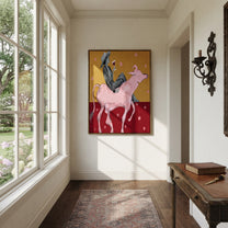 Pink Bull Carries Stripes - striped cowboy bull painting by Ethan Mercer, contemporary Western vertical wall art – styled room scene view 4