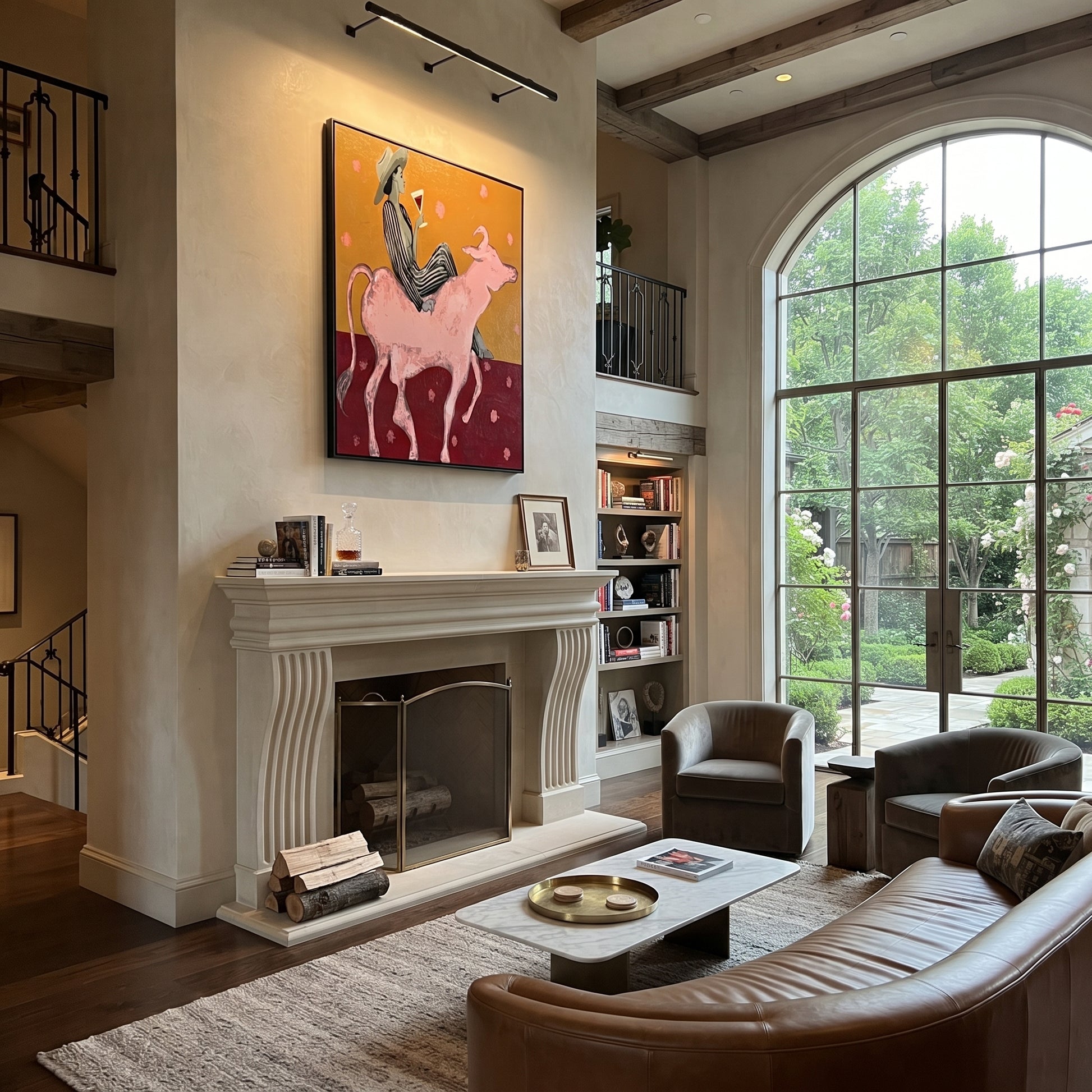 Pink Bull Carries Stripes - striped cowboy bull painting by Ethan Mercer, contemporary Western vertical wall art – styled room scene view 5