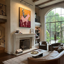 Pink Bull Carries Stripes - striped cowboy bull painting by Ethan Mercer, contemporary Western vertical wall art – styled room scene view 5