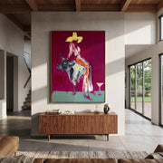 Pale Dress Crosses Burgundy - cowgirl mottled bull painting by Ethan Mercer, contemporary Western vertical wall art – styled room scene view 1