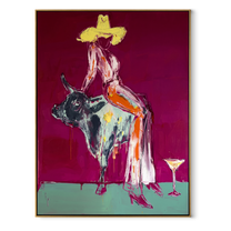 Pale Dress Crosses Burgundy - cowgirl mottled bull painting by Ethan Mercer, contemporary Western vertical wall art – wood frame on white background