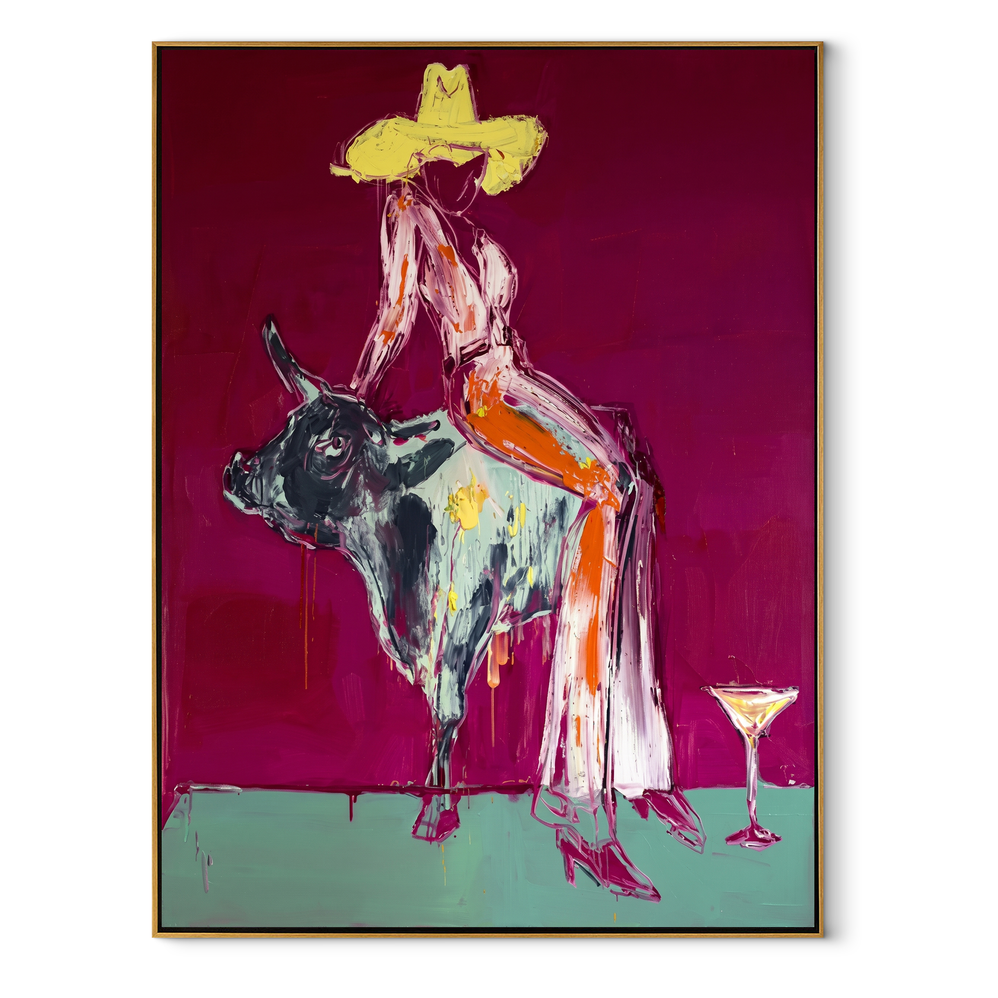 Pale Dress Crosses Burgundy - cowgirl mottled bull painting by Ethan Mercer, contemporary Western vertical wall art – wood frame on white background