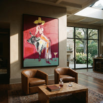 Pale Dress Crosses Burgundy - cowgirl mottled bull painting by Ethan Mercer, contemporary Western vertical wall art – styled room scene view 2