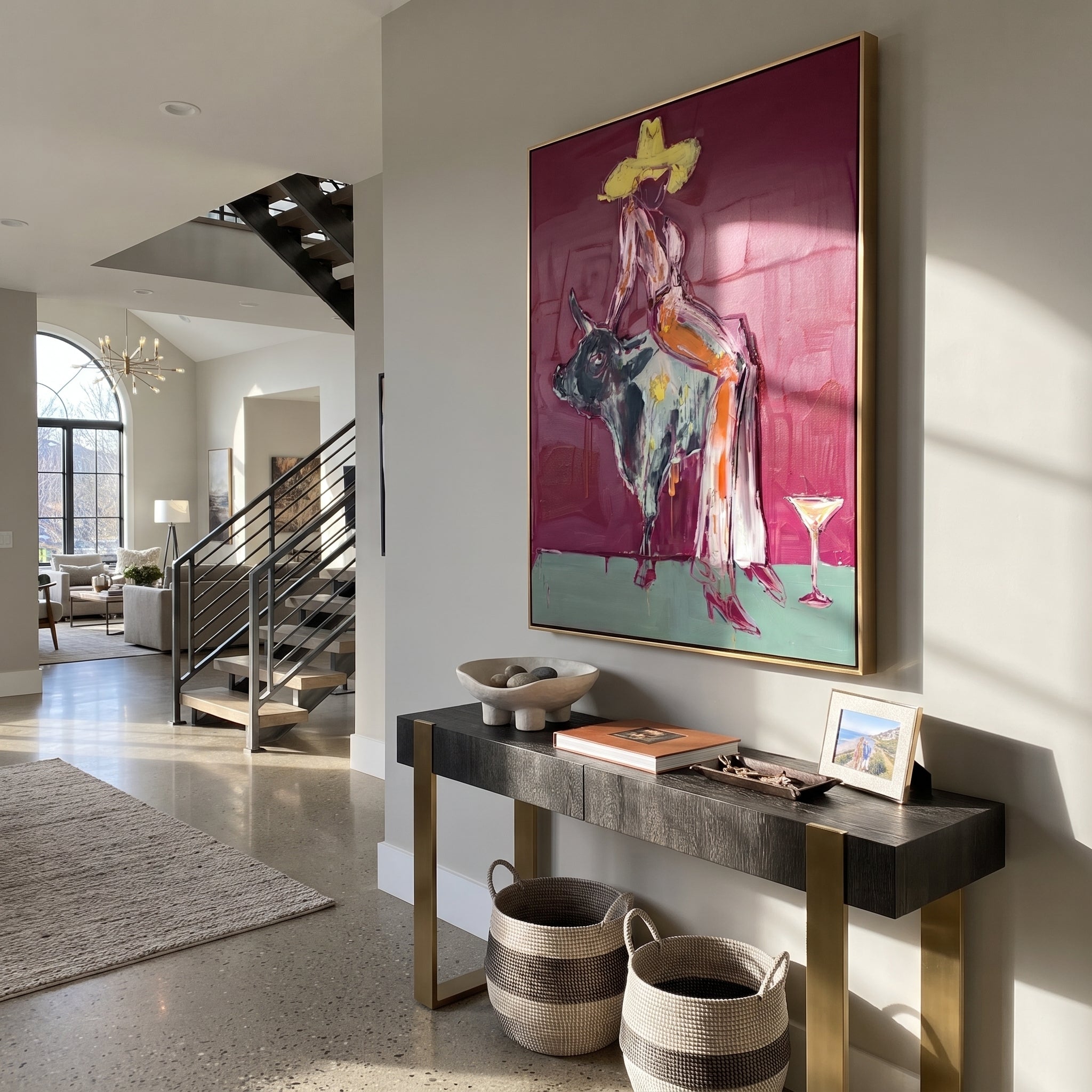 Pale Dress Crosses Burgundy - cowgirl mottled bull painting by Ethan Mercer, contemporary Western vertical wall art – styled room scene view 3