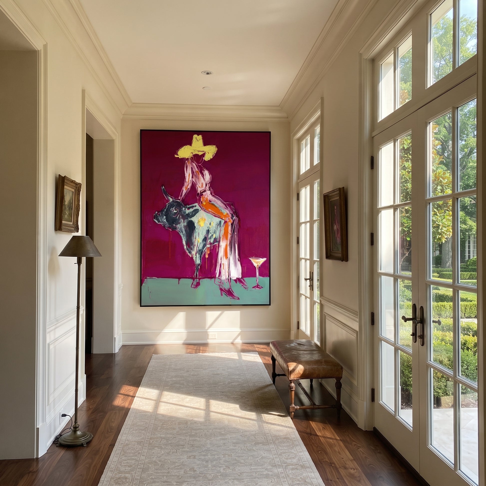Pale Dress Crosses Burgundy - cowgirl mottled bull painting by Ethan Mercer, contemporary Western vertical wall art – styled room scene view 4