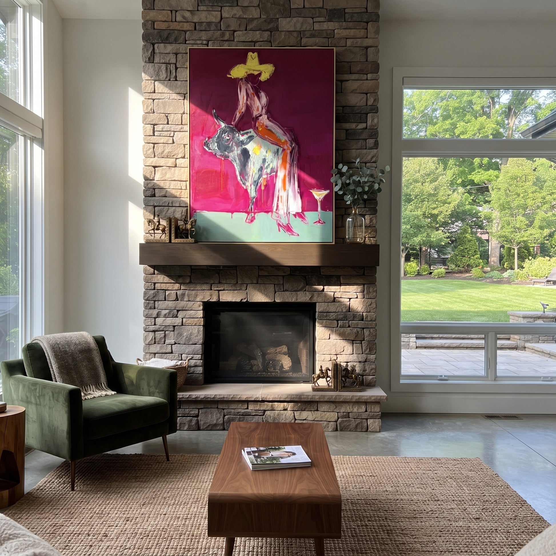 Pale Dress Crosses Burgundy - cowgirl mottled bull painting by Ethan Mercer, contemporary Western vertical wall art – styled room scene view 5