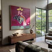 Silver Bull Holds Stillness - cowgirl bull square painting by Ethan Mercer, contemporary Western square wall art – styled room scene view 1