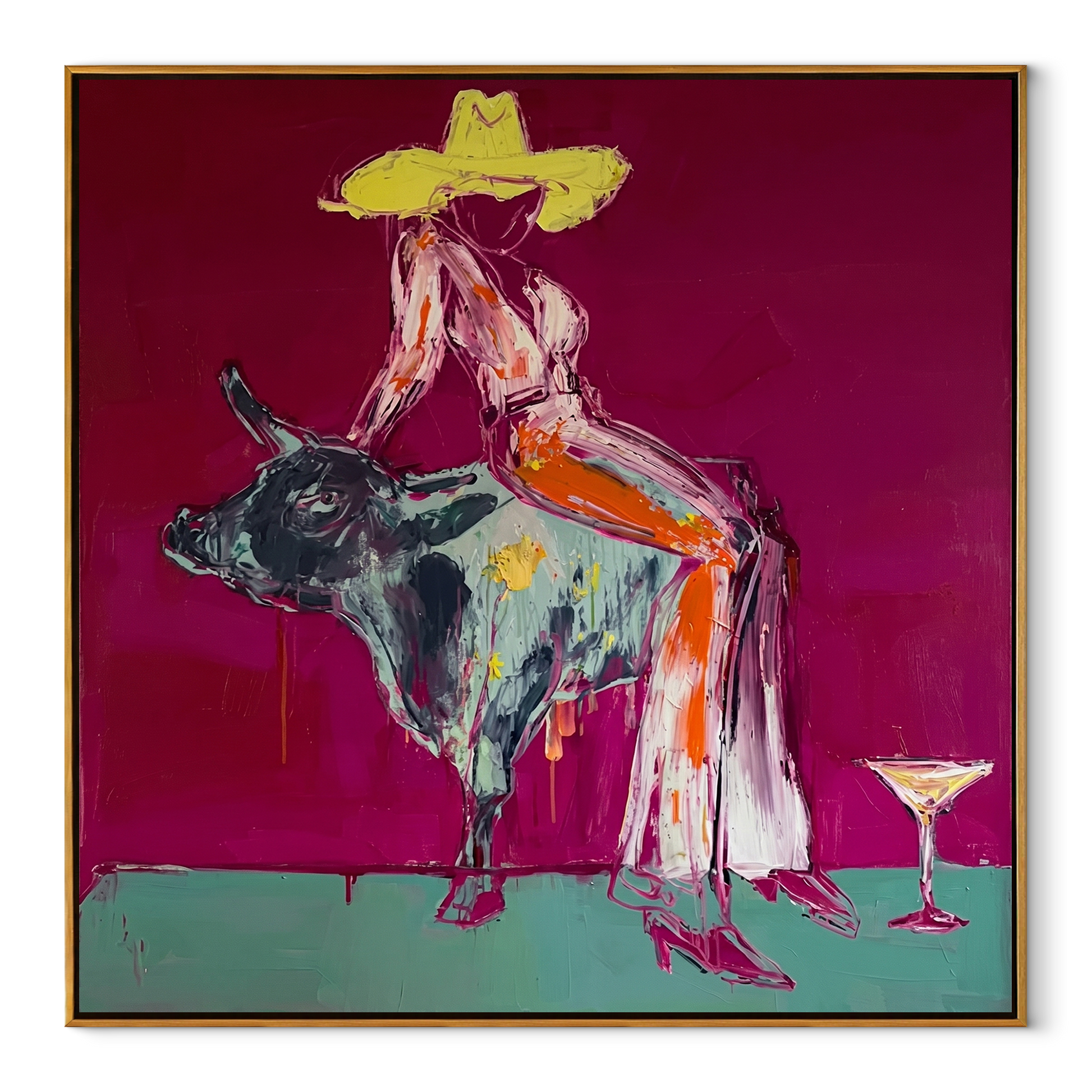 Silver Bull Holds Stillness - cowgirl bull square painting by Ethan Mercer, contemporary Western square wall art – wood frame on white background