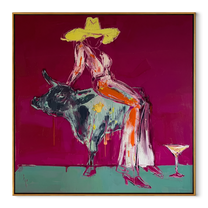 Silver Bull Holds Stillness - cowgirl bull square painting by Ethan Mercer, contemporary Western square wall art – wood frame on white background