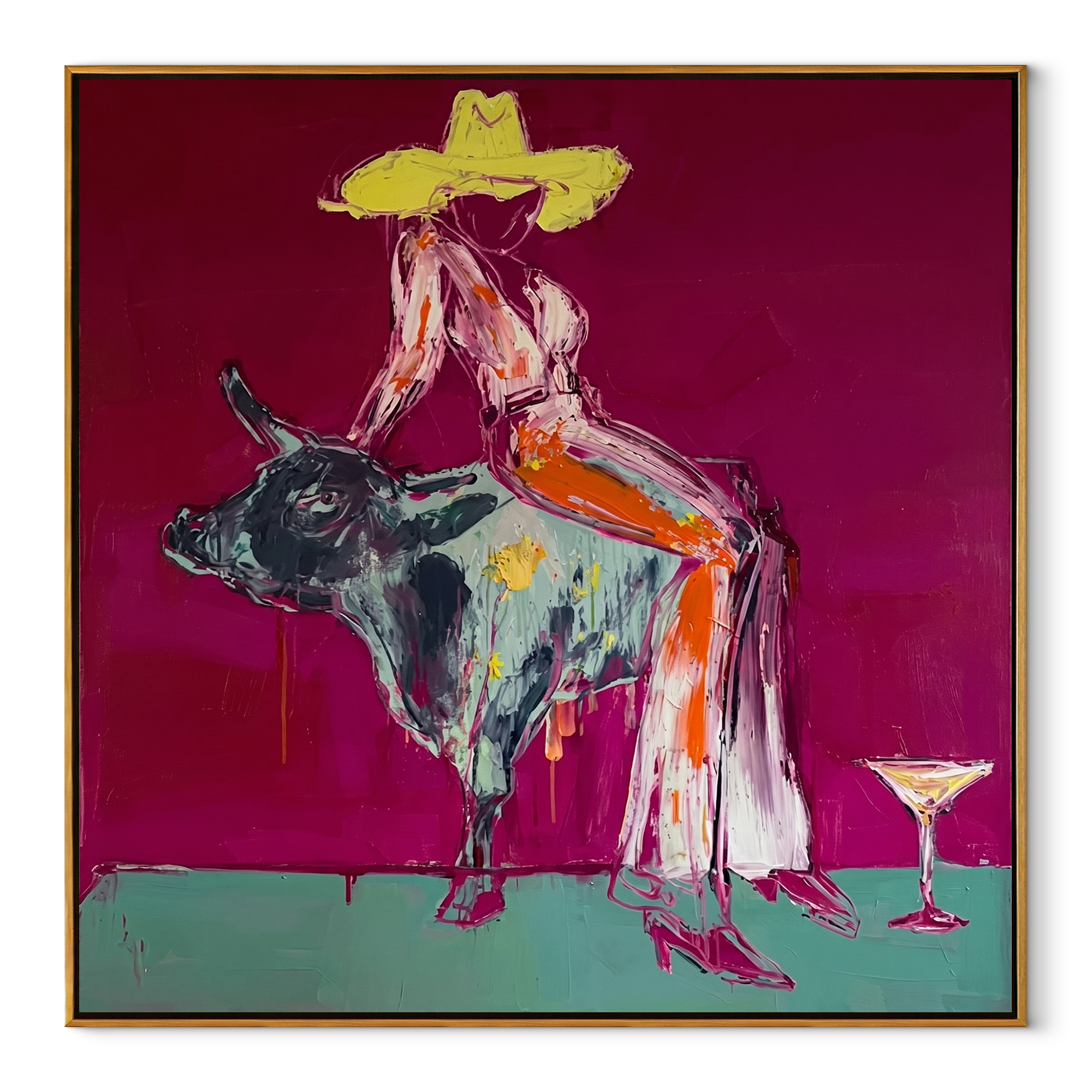 Silver Bull Holds Stillness - cowgirl bull square painting by Ethan Mercer, contemporary Western square wall art – wood frame on white background