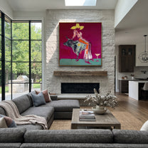 Silver Bull Holds Stillness - cowgirl bull square painting by Ethan Mercer, contemporary Western square wall art – styled room scene view 2