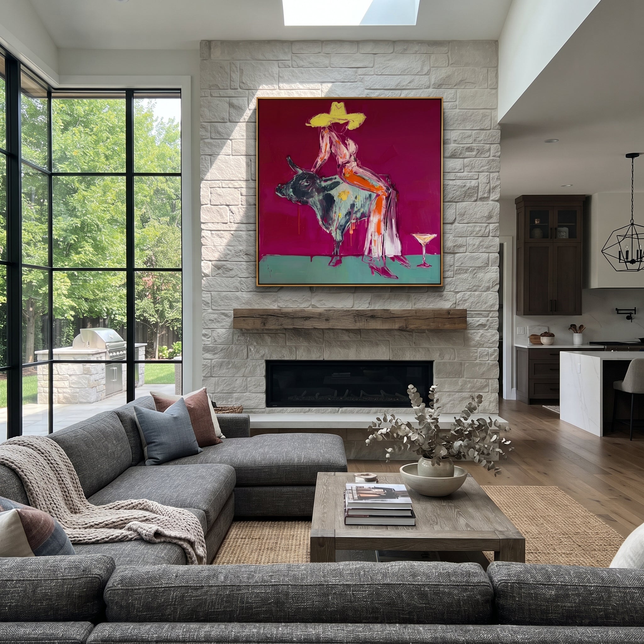 Silver Bull Holds Stillness - cowgirl bull square painting by Ethan Mercer, contemporary Western square wall art – styled room scene view 2