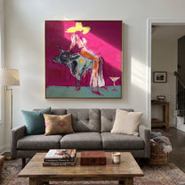 Silver Bull Holds Stillness - cowgirl bull square painting by Ethan Mercer, contemporary Western square wall art – styled room scene view 3