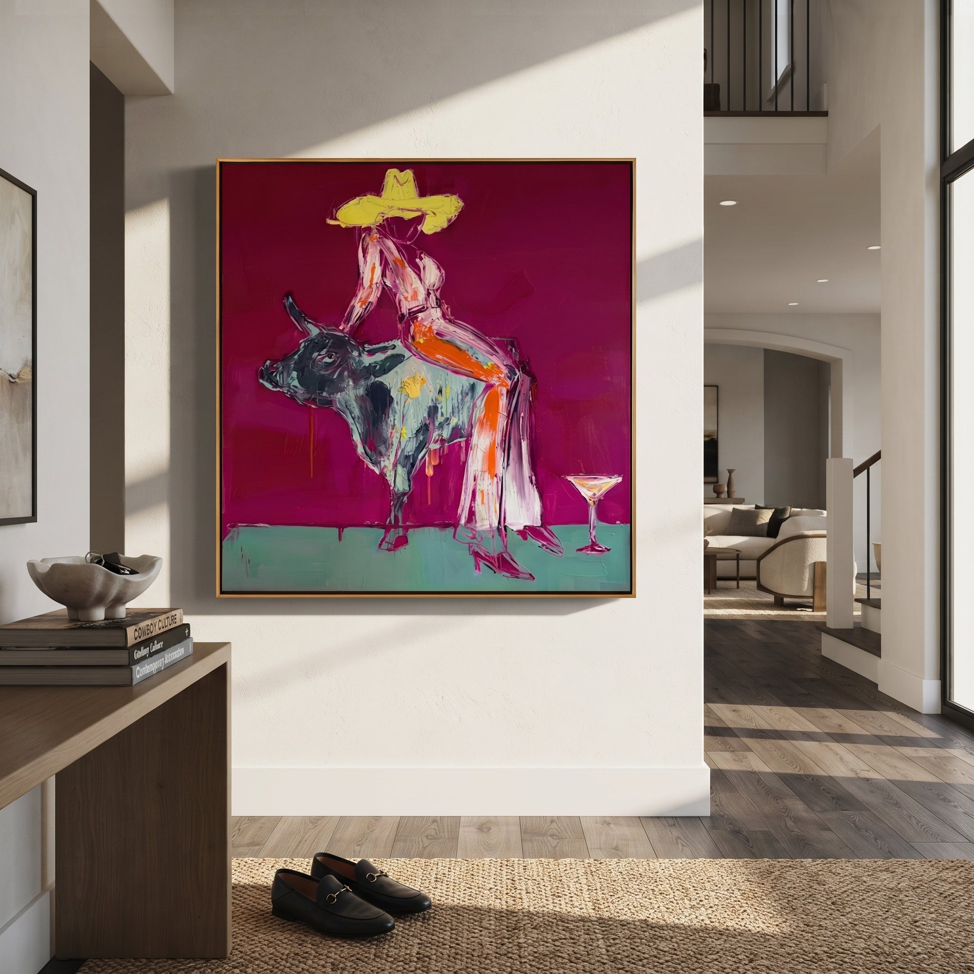 Silver Bull Holds Stillness - cowgirl bull square painting by Ethan Mercer, contemporary Western square wall art – styled room scene view 4