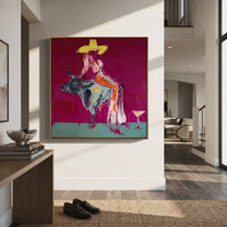 Silver Bull Holds Stillness - cowgirl bull square painting by Ethan Mercer, contemporary Western square wall art – styled room scene view 4