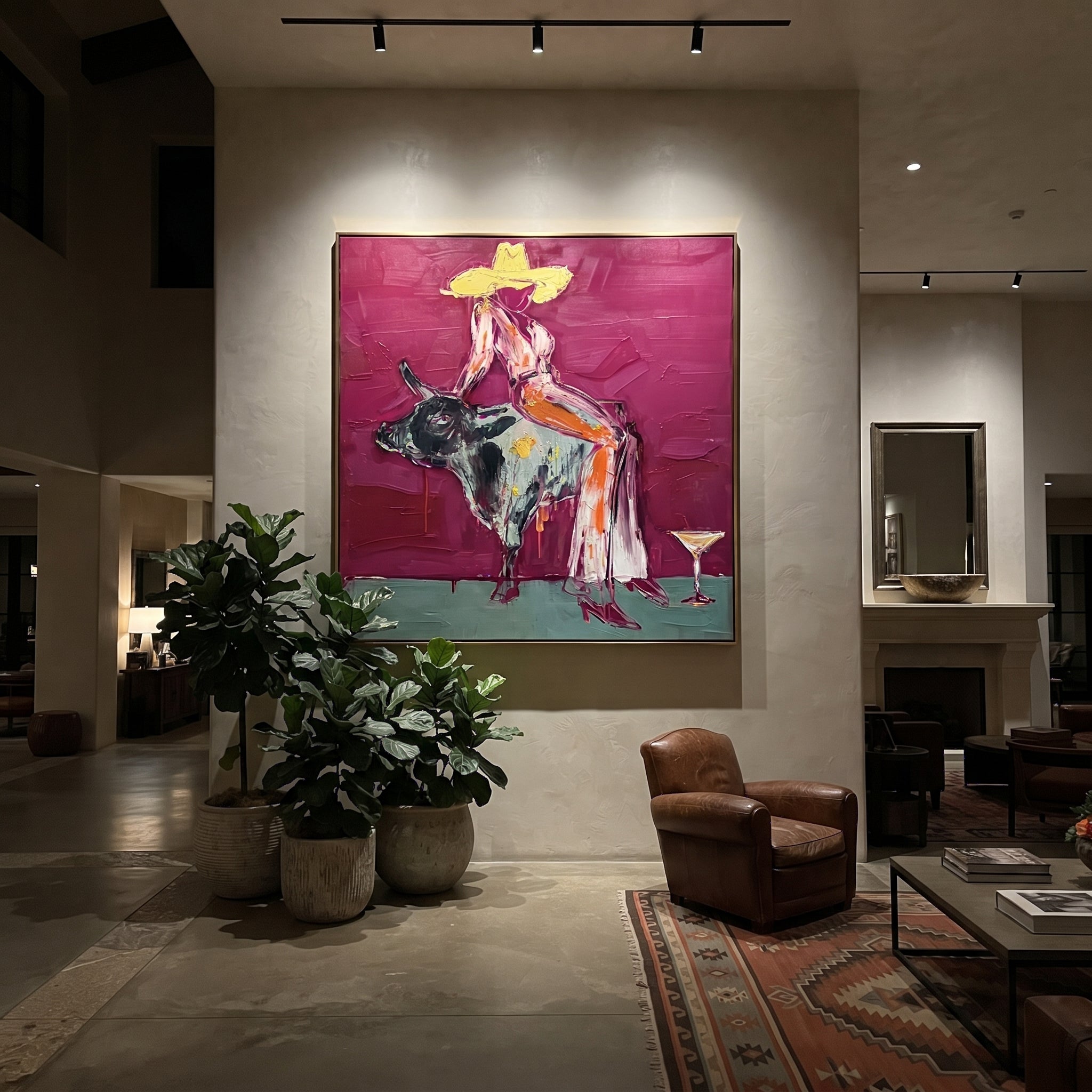 Silver Bull Holds Stillness - cowgirl bull square painting by Ethan Mercer, contemporary Western square wall art – styled room scene view 5