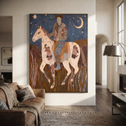 Patchwork Horse Follows Moon - rider moon horse painting by Ethan Mercer, contemporary Western vertical wall art – styled room scene view 1