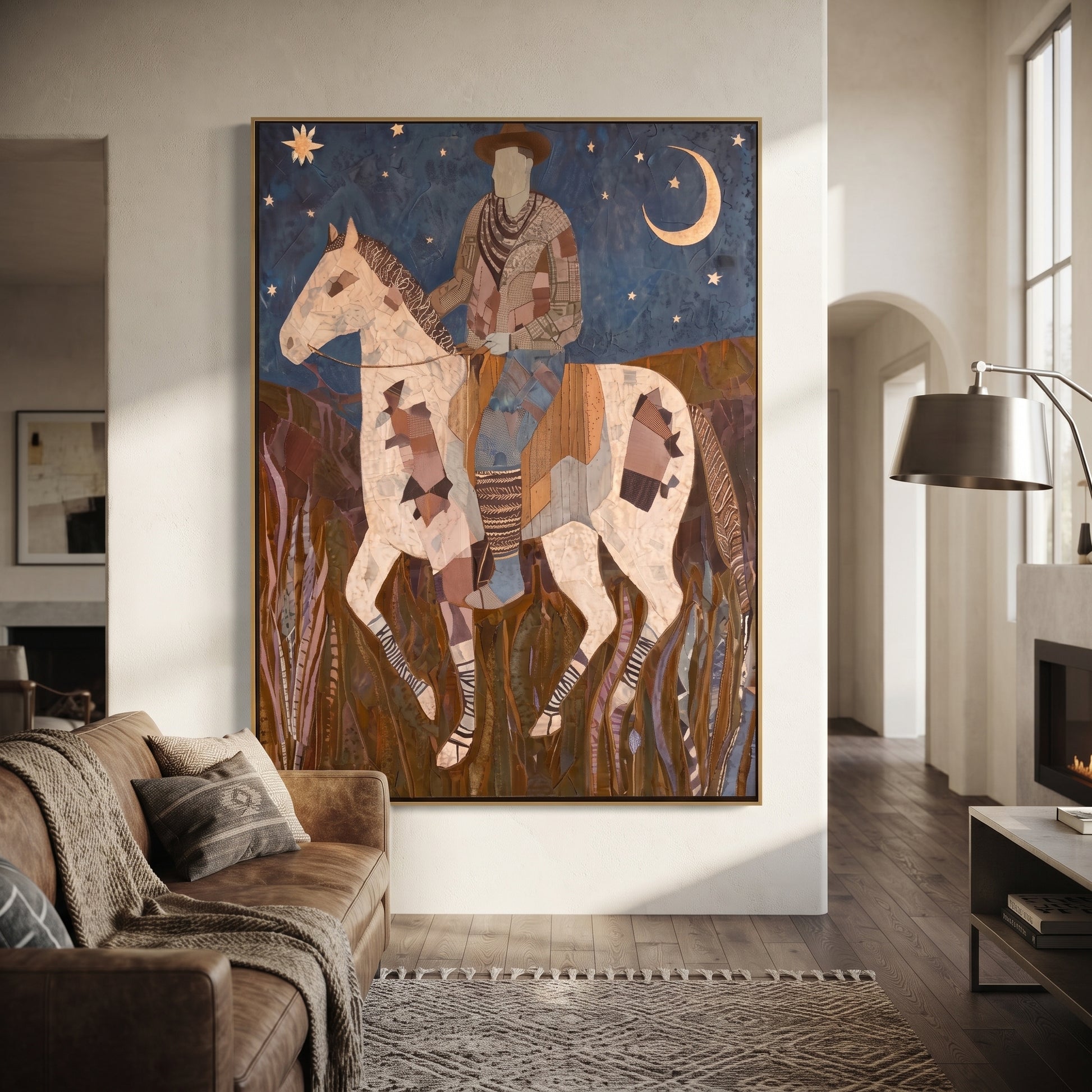 Patchwork Horse Follows Moon - rider moon horse painting by Ethan Mercer, contemporary Western vertical wall art – styled room scene view 1