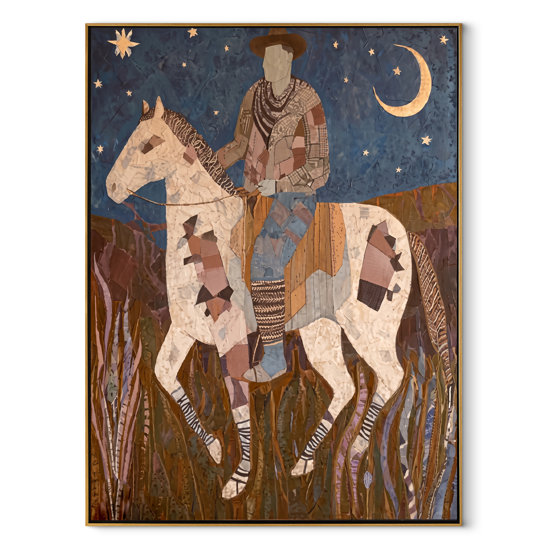 Patchwork Horse Follows Moon - rider moon horse painting by Ethan Mercer, contemporary Western vertical wall art – wood frame on white background