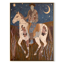 Patchwork Horse Follows Moon - rider moon horse painting by Ethan Mercer, contemporary Western vertical wall art – wood frame on white background
