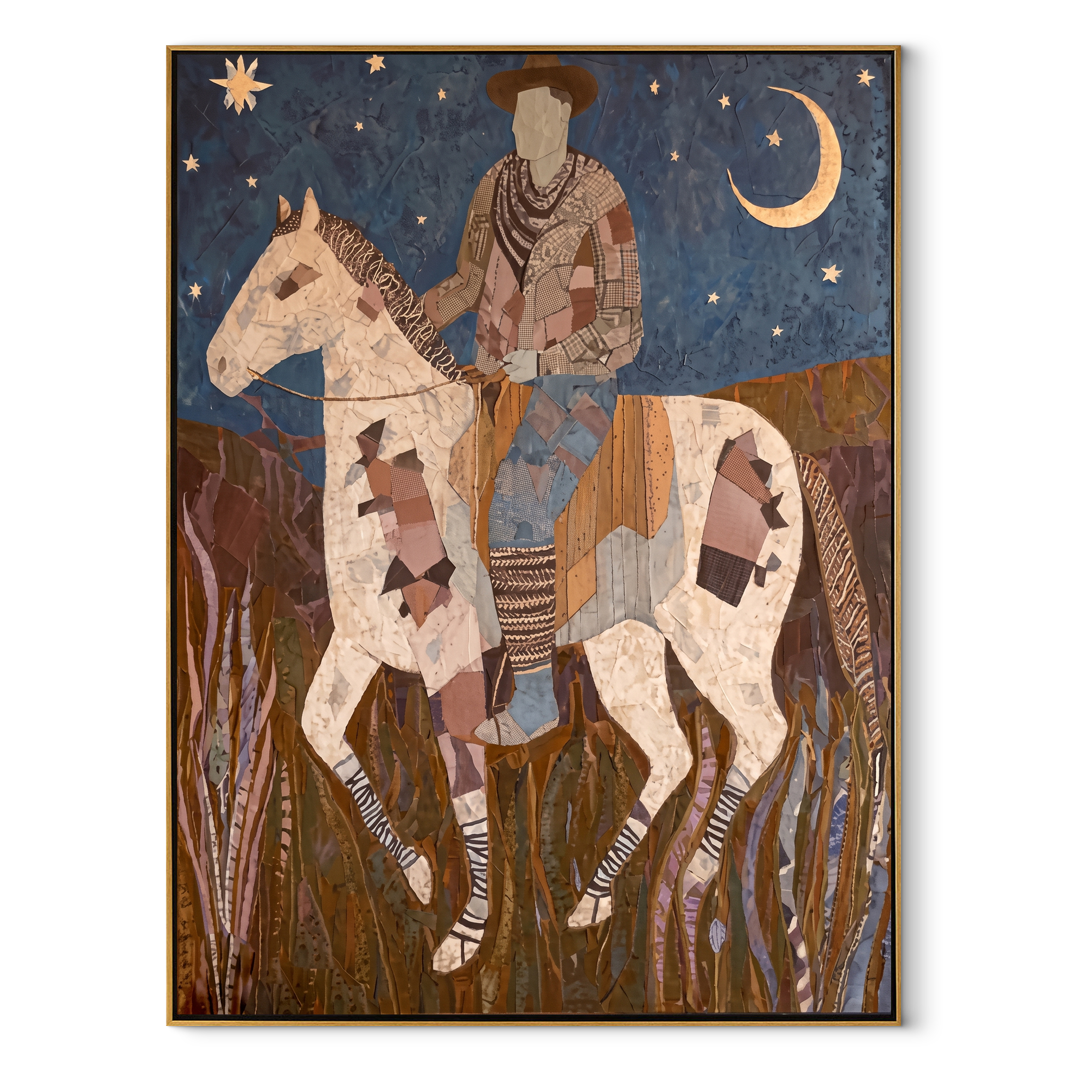 Patchwork Horse Follows Moon - rider moon horse painting by Ethan Mercer, contemporary Western vertical wall art – wood frame on white background