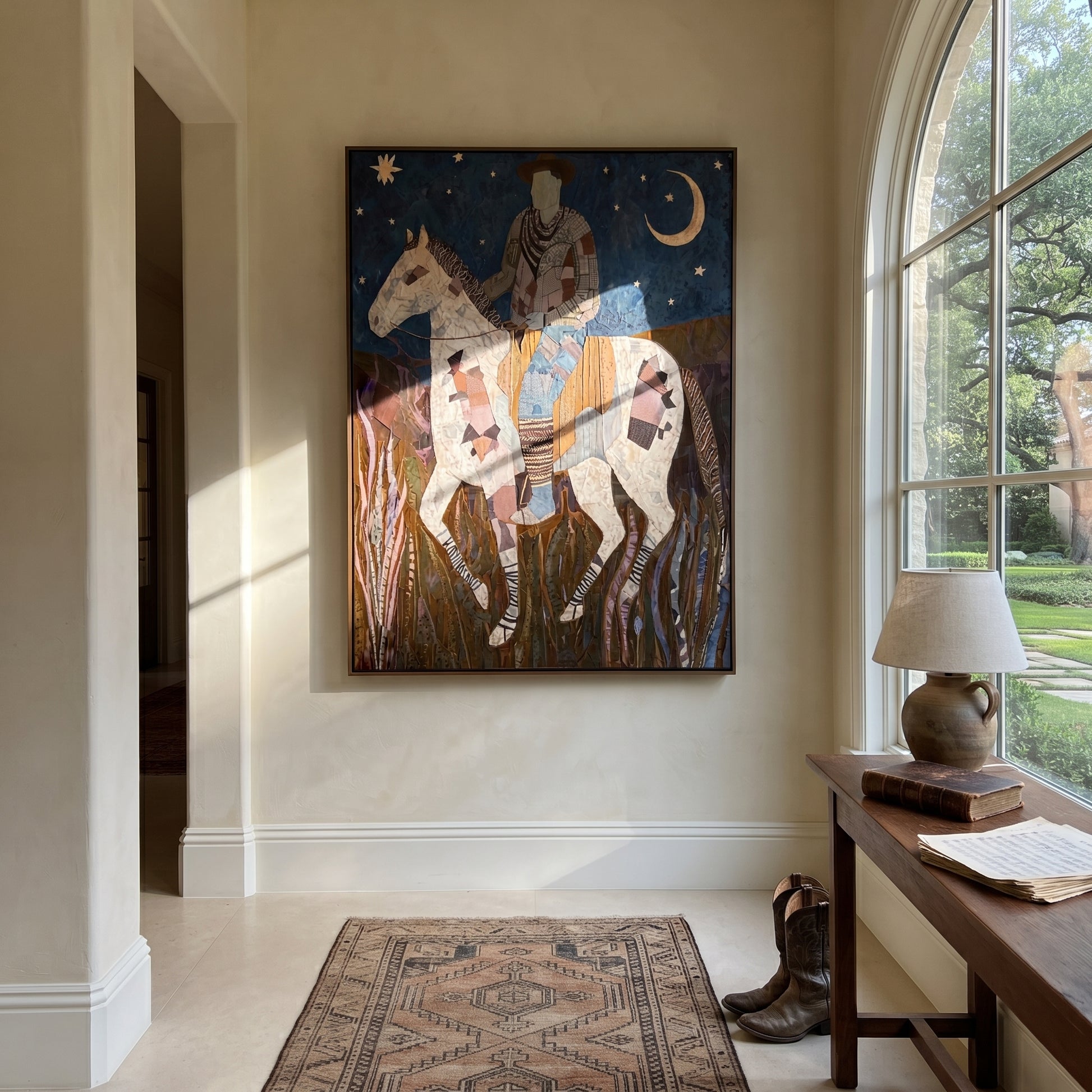 Patchwork Horse Follows Moon - rider moon horse painting by Ethan Mercer, contemporary Western vertical wall art – styled room scene view 2