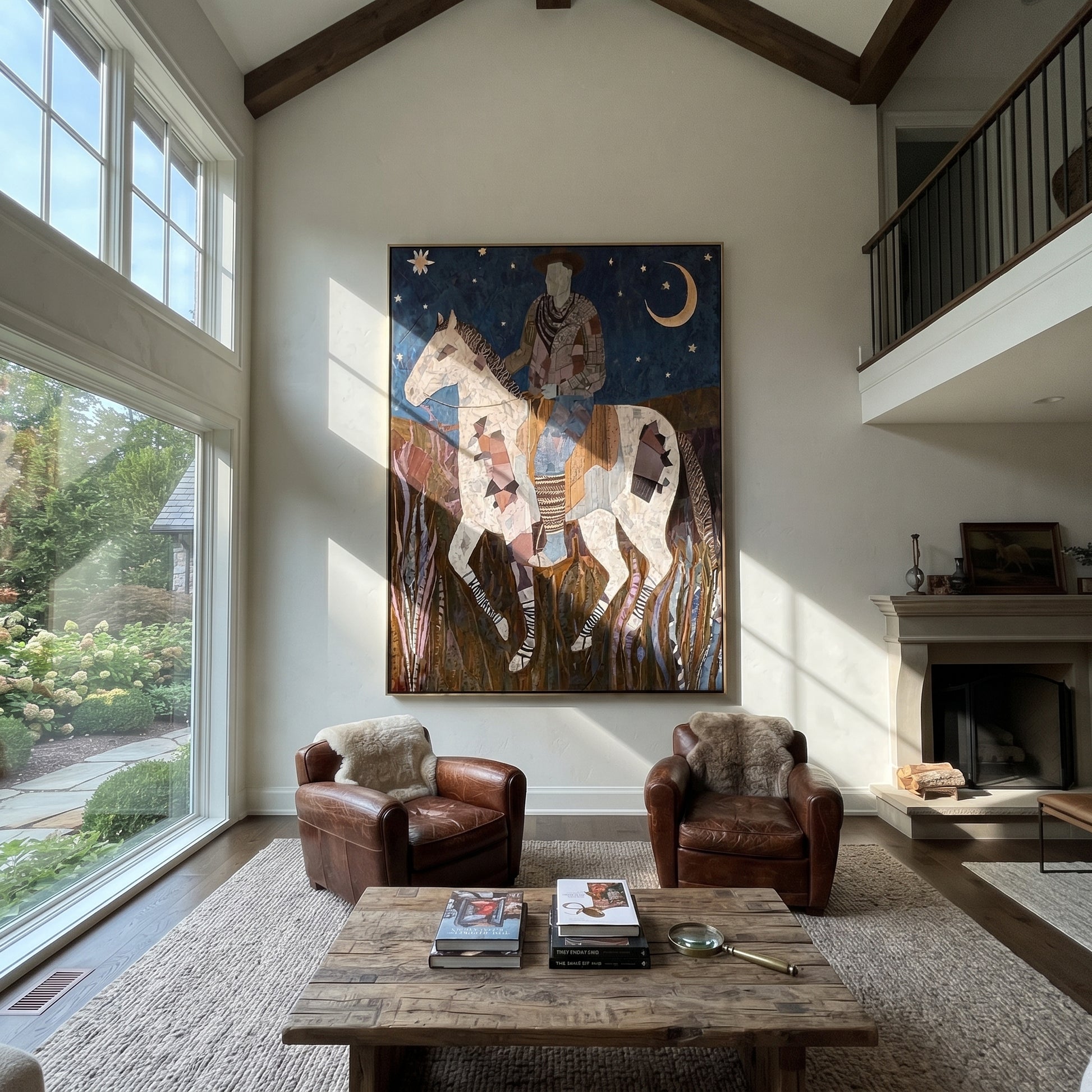 Patchwork Horse Follows Moon - rider moon horse painting by Ethan Mercer, contemporary Western vertical wall art – styled room scene view 3