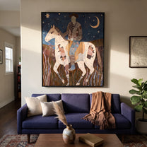 Patchwork Horse Follows Moon - rider moon horse painting by Ethan Mercer, contemporary Western vertical wall art – styled room scene view 4