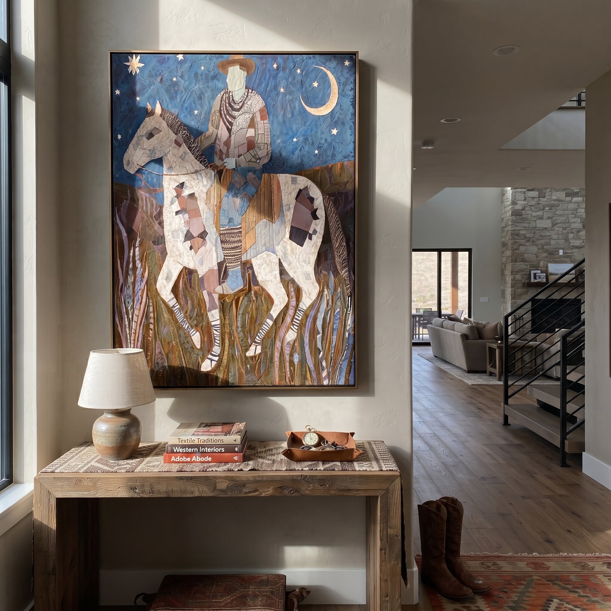 Patchwork Horse Follows Moon - rider moon horse painting by Ethan Mercer, contemporary Western vertical wall art – styled room scene view 5