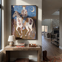 Patchwork Horse Follows Moon - rider moon horse painting by Ethan Mercer, contemporary Western vertical wall art – styled room scene view 5