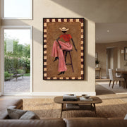 Pink Skirt Keeps Poise - decorative cowgirl portrait painting by Ethan Mercer, contemporary Western vertical wall art – styled room scene view 1