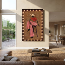 Pink Skirt Keeps Poise - decorative cowgirl portrait painting by Ethan Mercer, contemporary Western vertical wall art – styled room scene view 1