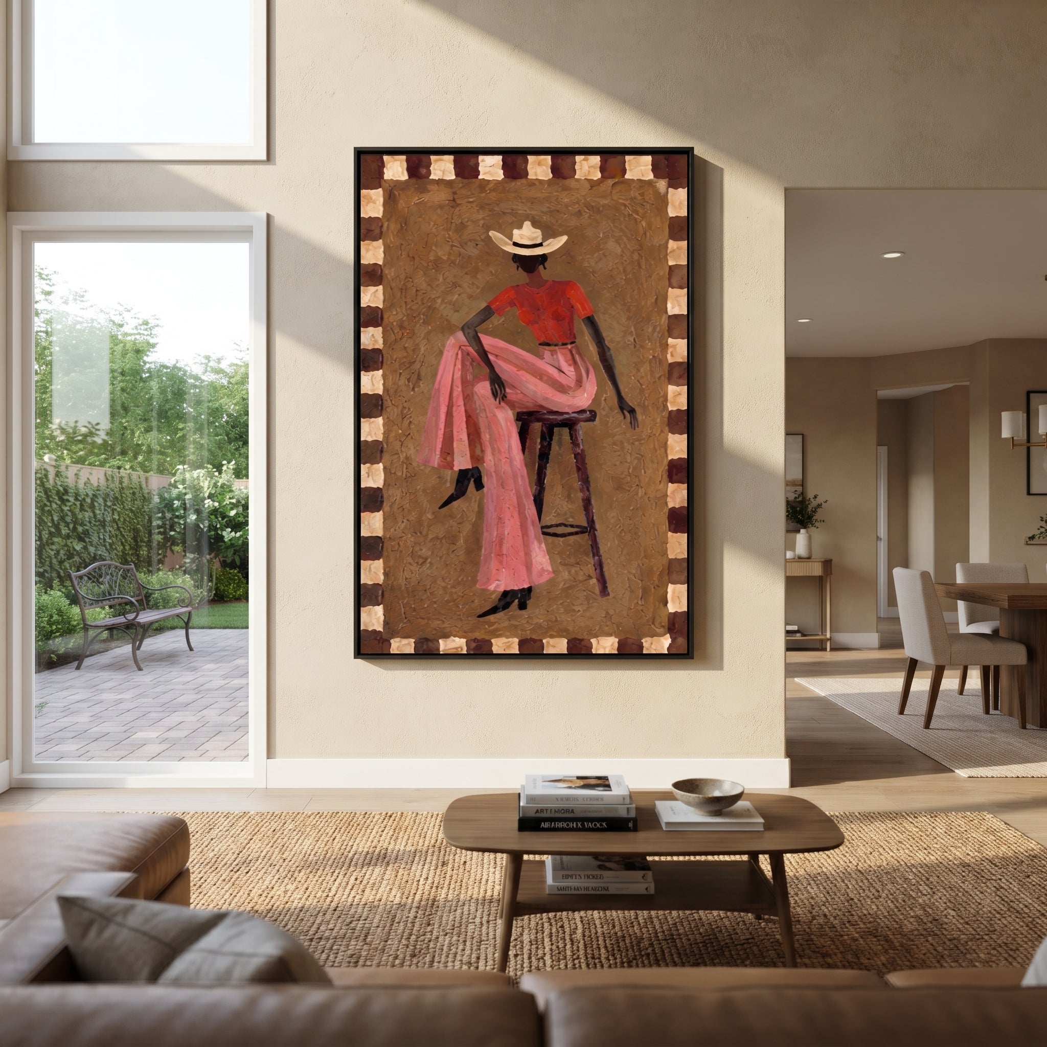 Pink Skirt Keeps Poise - decorative cowgirl portrait painting by Ethan Mercer, contemporary Western vertical wall art – styled room scene view 1