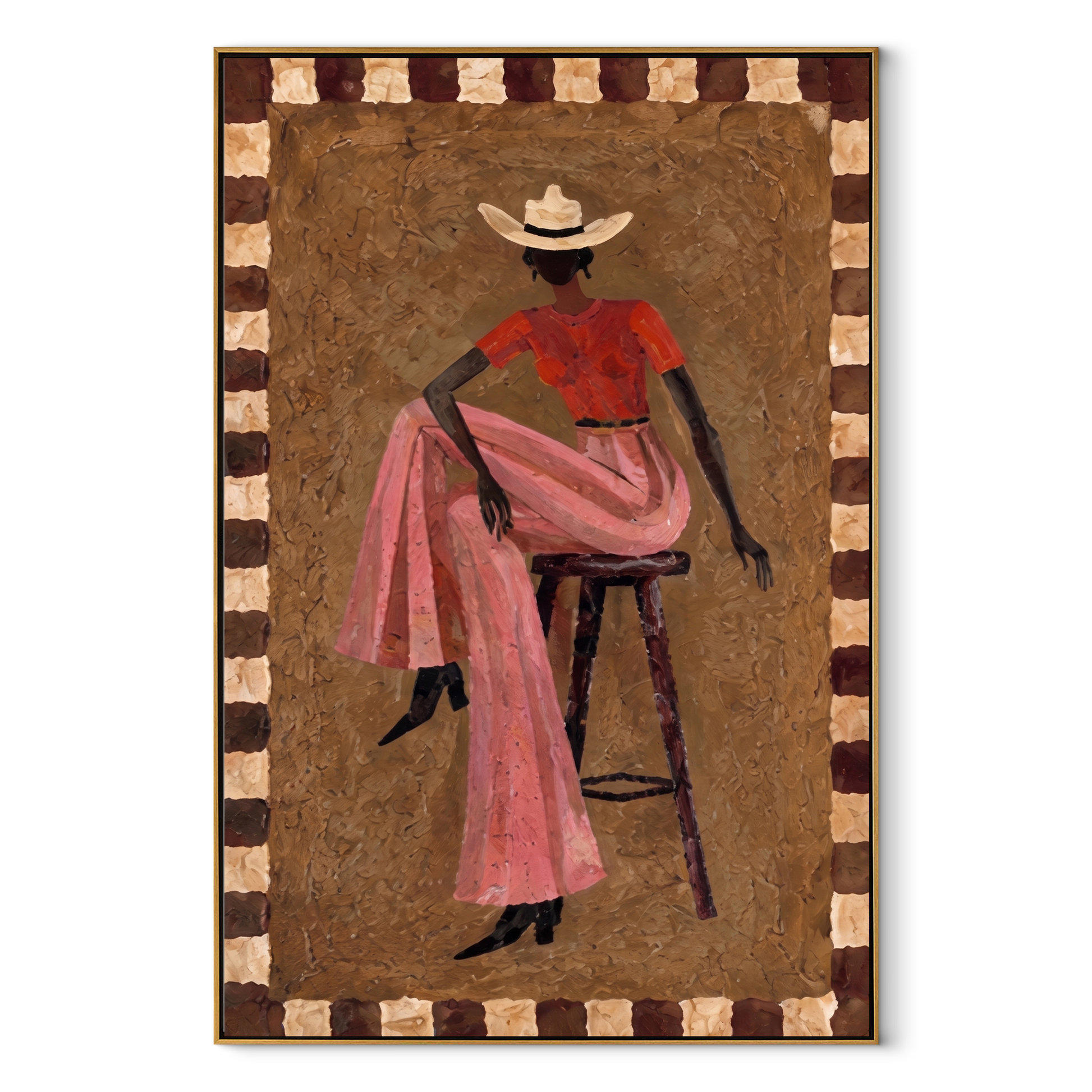 Pink Skirt Keeps Poise - decorative cowgirl portrait painting by Ethan Mercer, contemporary Western vertical wall art – wood frame on white background