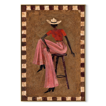 Pink Skirt Keeps Poise - decorative cowgirl portrait painting by Ethan Mercer, contemporary Western vertical wall art – wood frame on white background