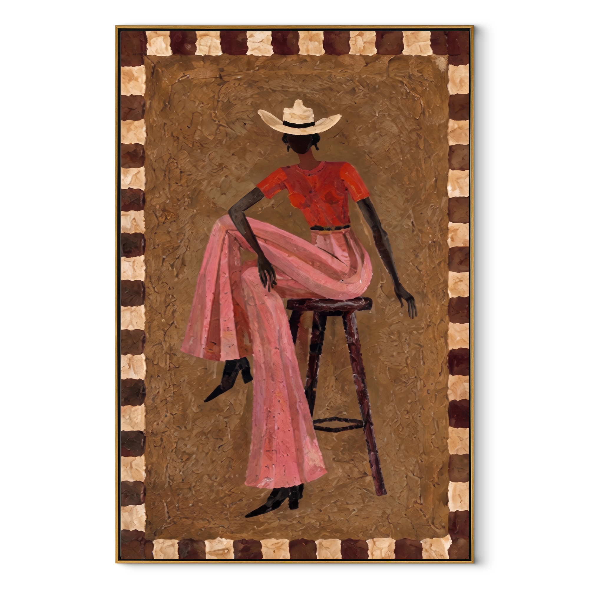 Pink Skirt Keeps Poise - decorative cowgirl portrait painting by Ethan Mercer, contemporary Western vertical wall art – wood frame on white background