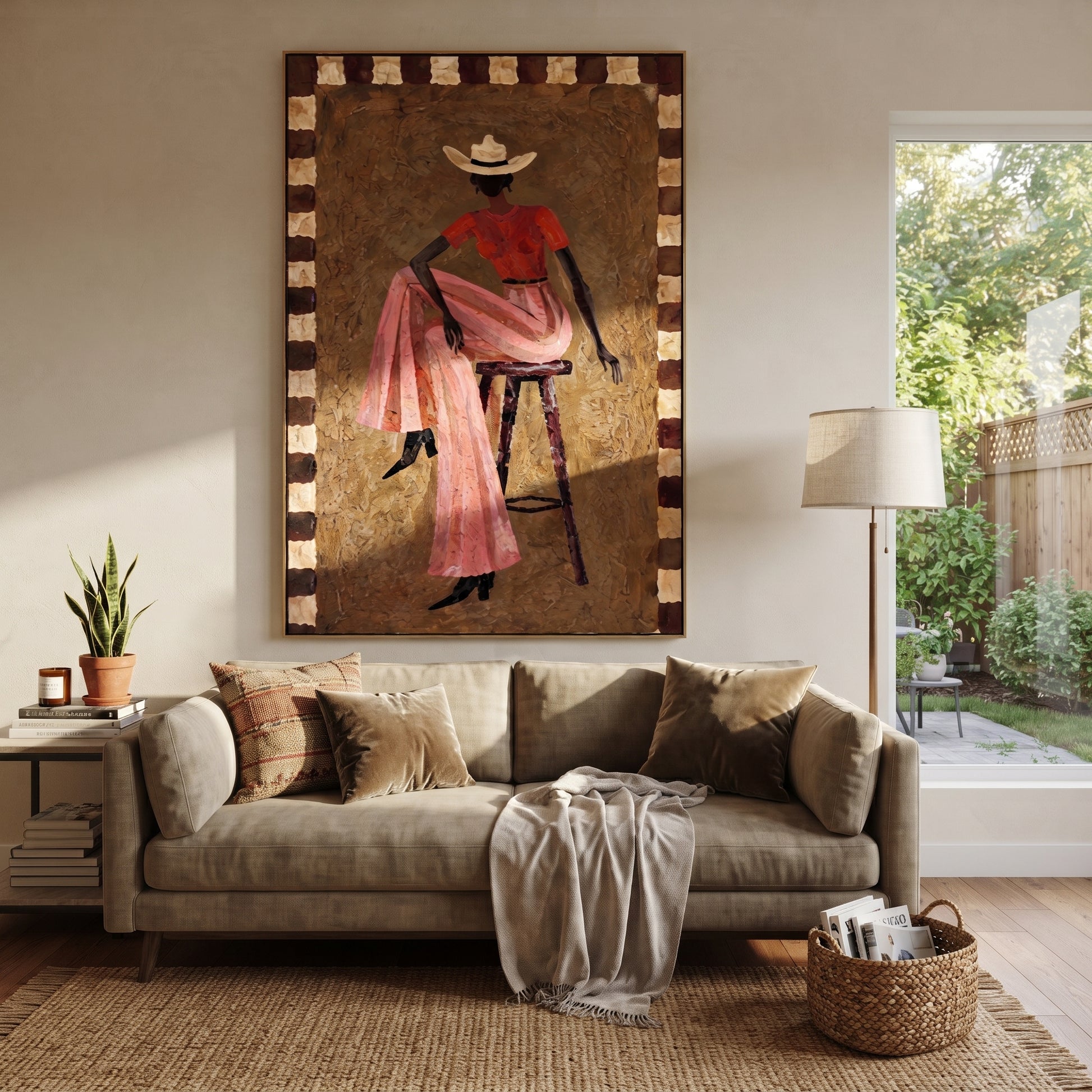 Pink Skirt Keeps Poise - decorative cowgirl portrait painting by Ethan Mercer, contemporary Western vertical wall art – styled room scene view 2