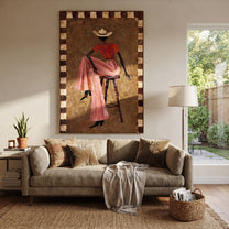 Pink Skirt Keeps Poise - decorative cowgirl portrait painting by Ethan Mercer, contemporary Western vertical wall art – styled room scene view 2