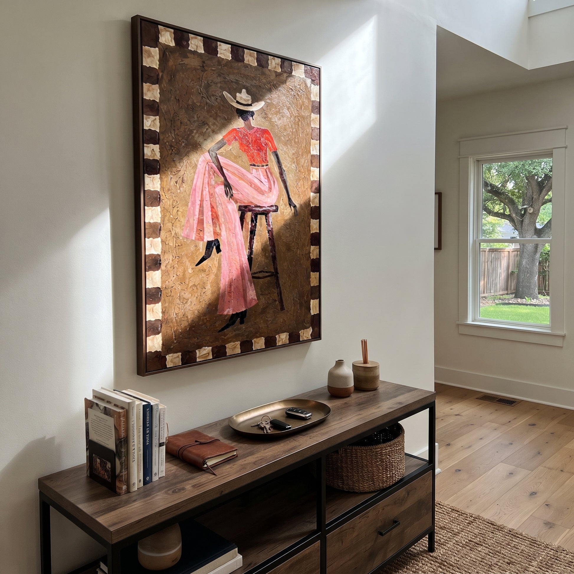 Pink Skirt Keeps Poise - decorative cowgirl portrait painting by Ethan Mercer, contemporary Western vertical wall art – styled room scene view 3