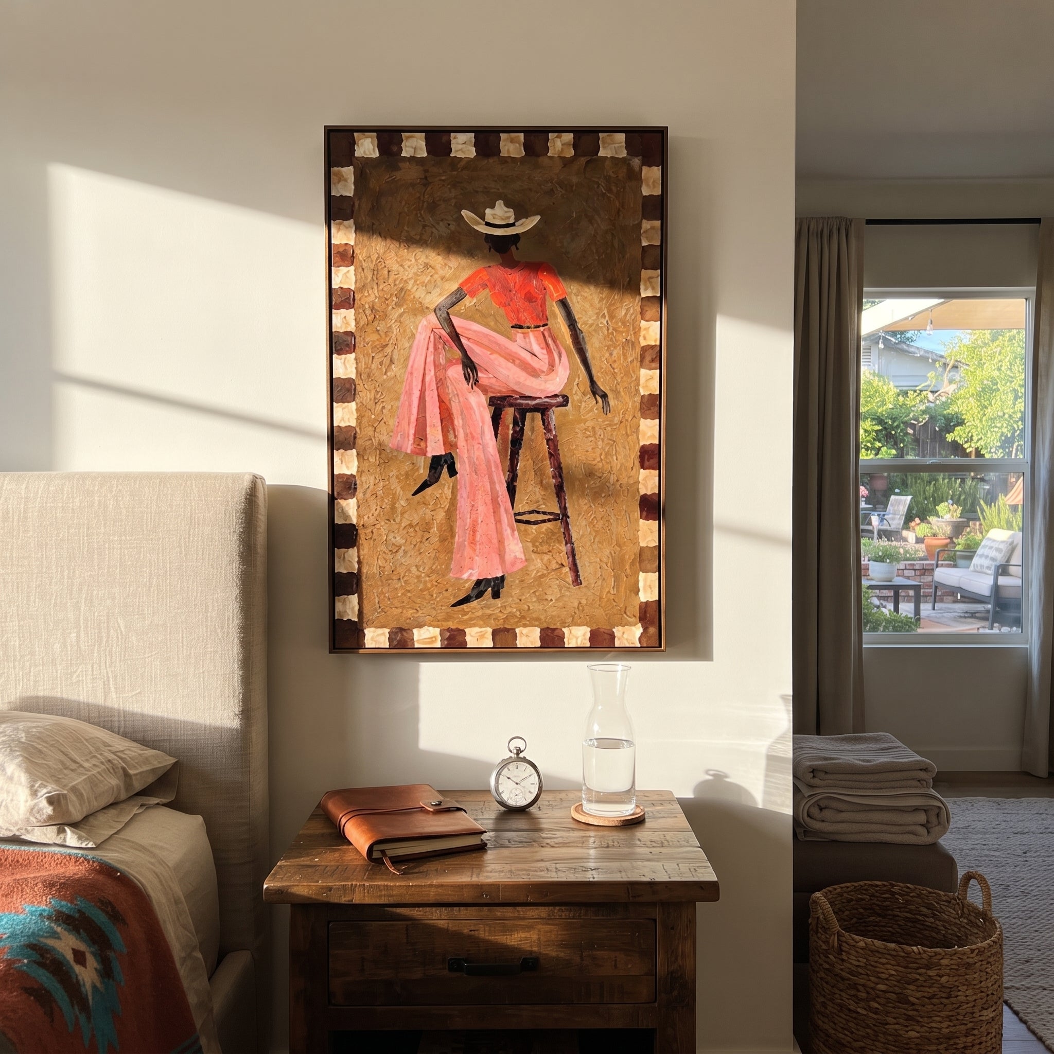 Pink Skirt Keeps Poise - decorative cowgirl portrait painting by Ethan Mercer, contemporary Western vertical wall art – styled room scene view 4