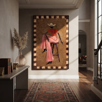Pink Skirt Keeps Poise - decorative cowgirl portrait painting by Ethan Mercer, contemporary Western vertical wall art – styled room scene view 5