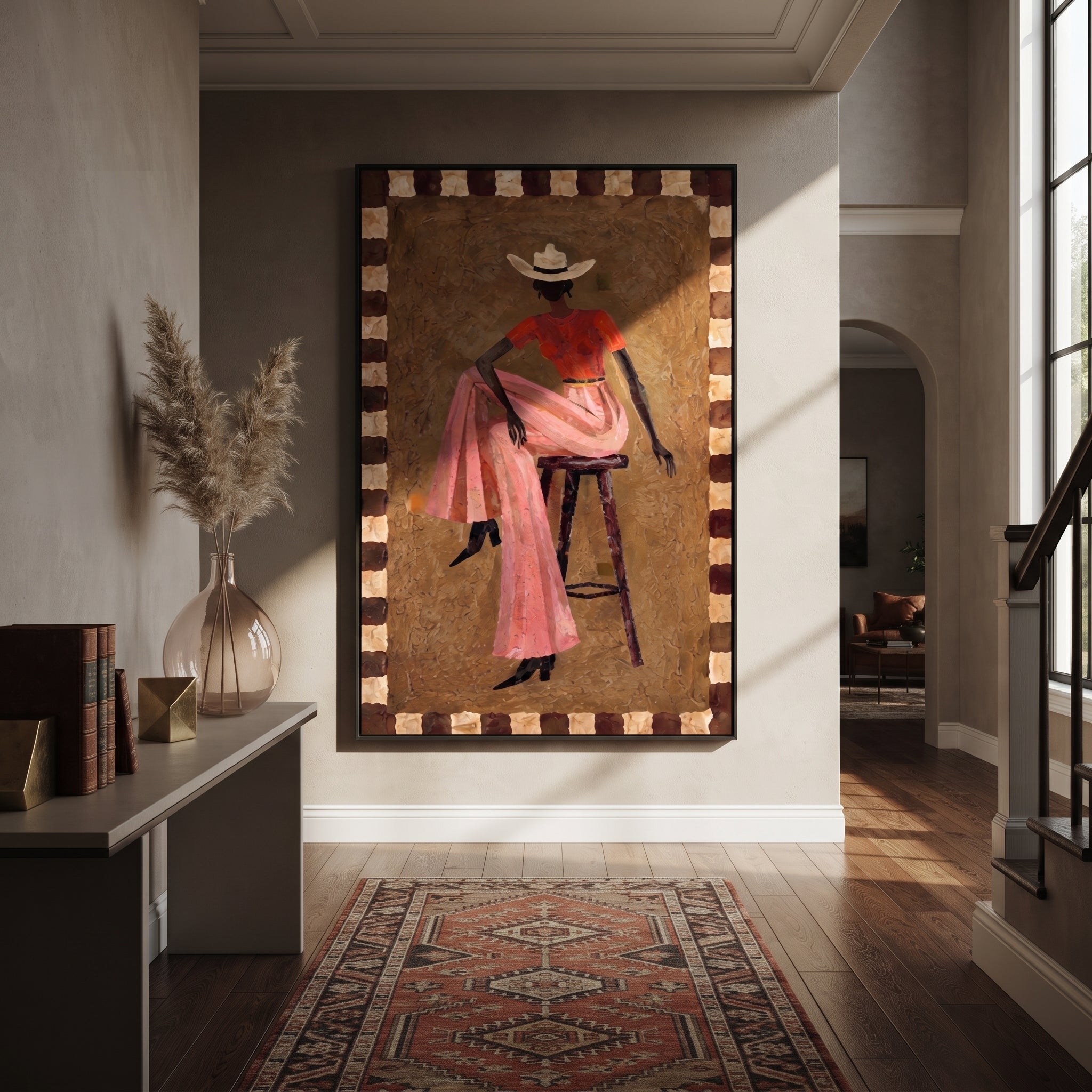Pink Skirt Keeps Poise - decorative cowgirl portrait painting by Ethan Mercer, contemporary Western vertical wall art – styled room scene view 5