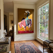 Brown Horns Carry Teal - cowgirl brown bull painting by Ethan Mercer, contemporary Western vertical wall art – styled room scene view 1