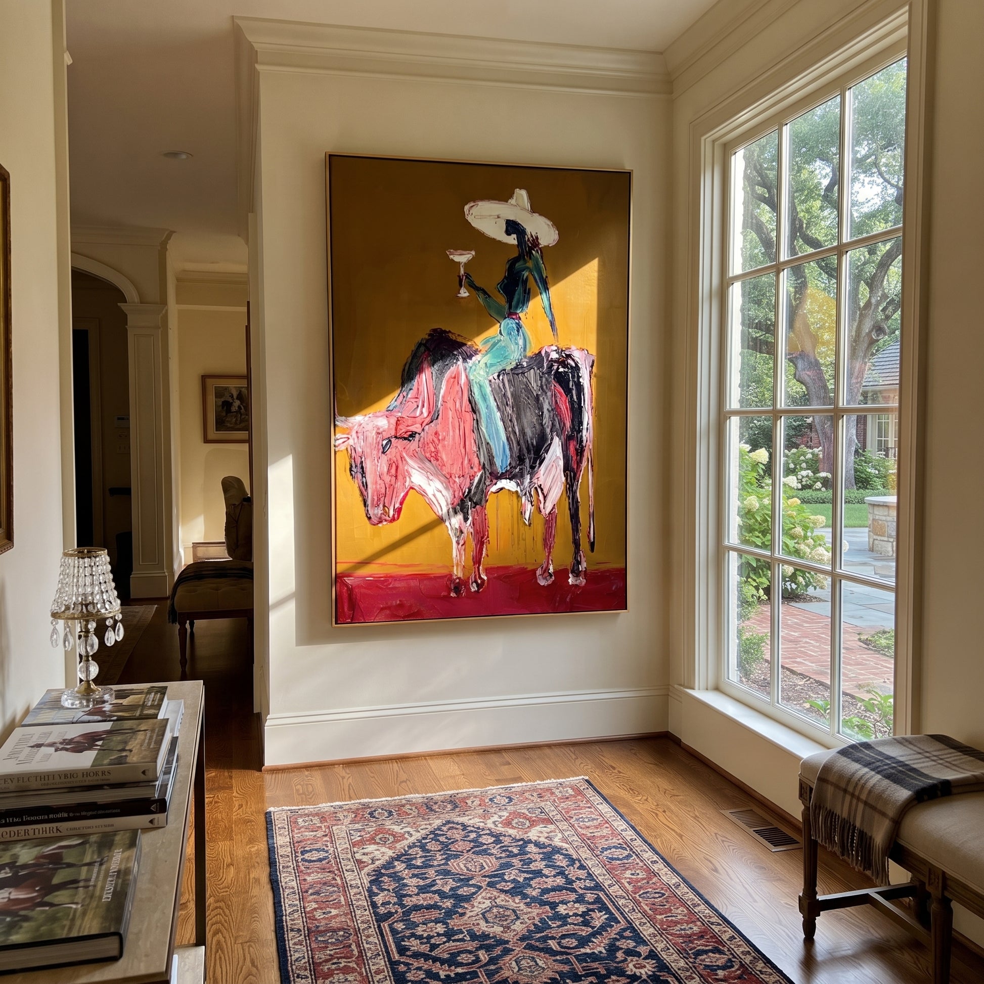 Brown Horns Carry Teal - cowgirl brown bull painting by Ethan Mercer, contemporary Western vertical wall art – styled room scene view 1