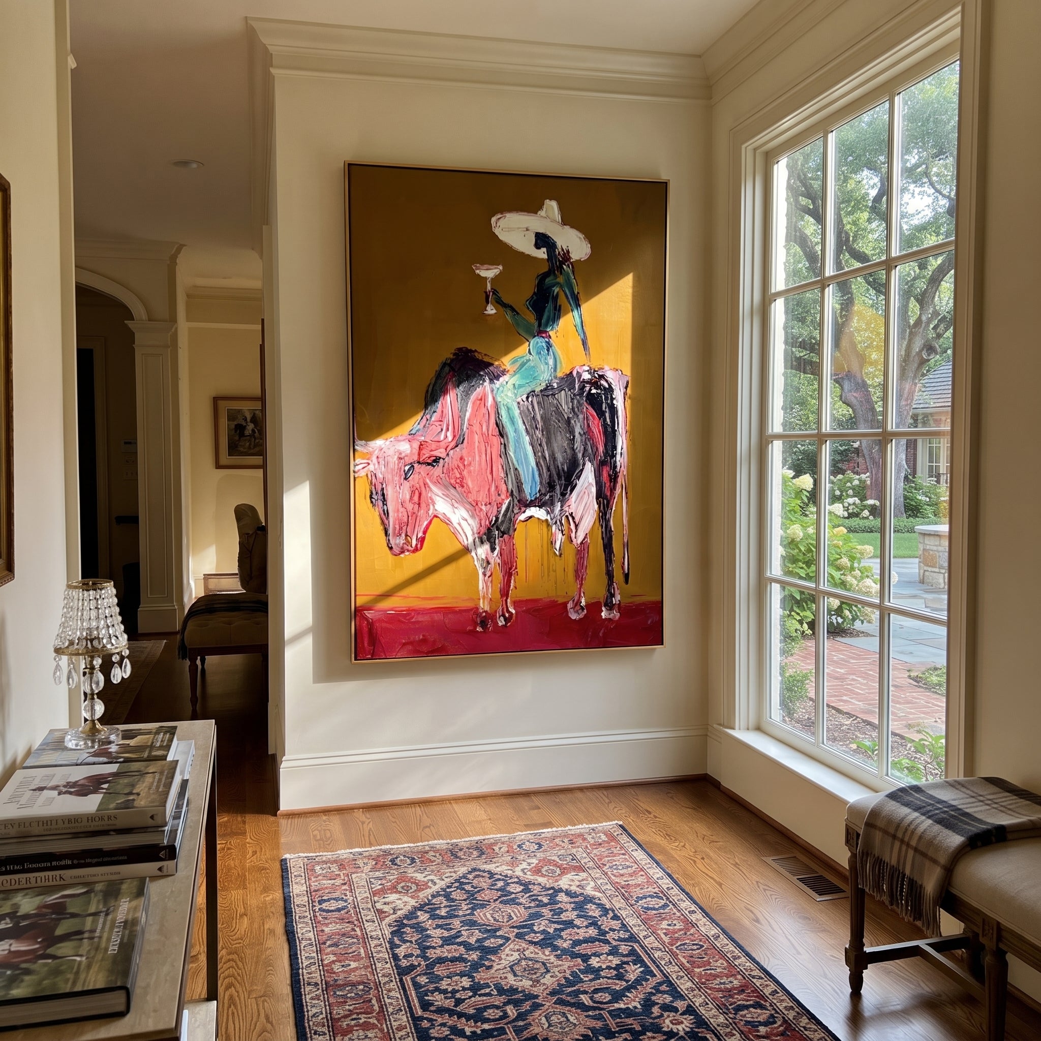 Brown Horns Carry Teal - cowgirl brown bull painting by Ethan Mercer, contemporary Western vertical wall art – styled room scene view 1